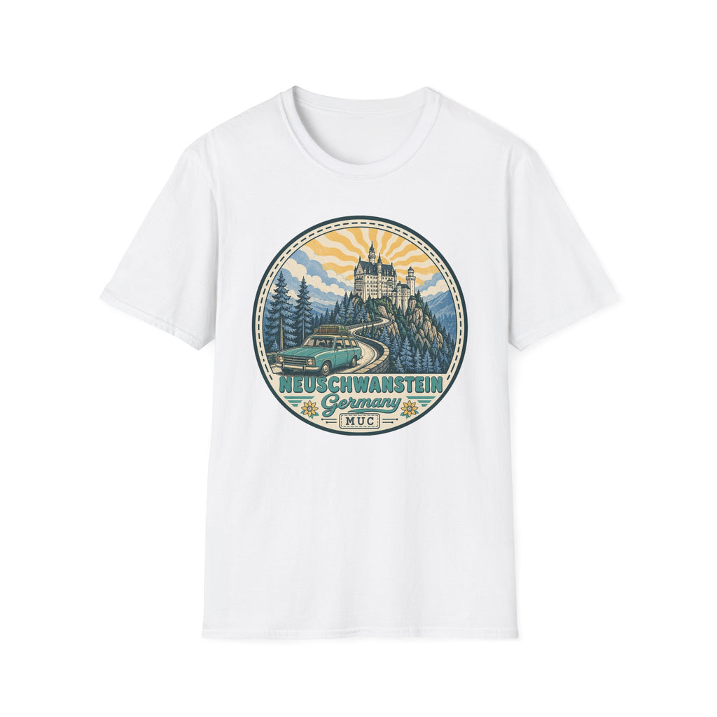 White crewneck T-shirt featuring a circular illustrated castle graphic