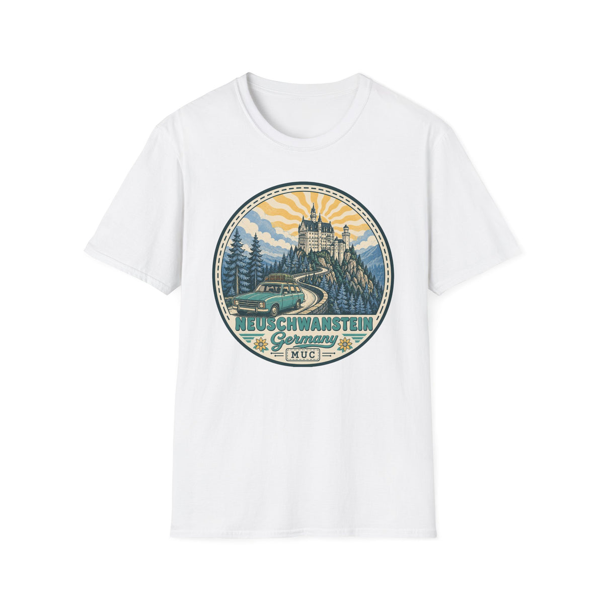 White crewneck T-shirt featuring a circular illustrated castle graphic