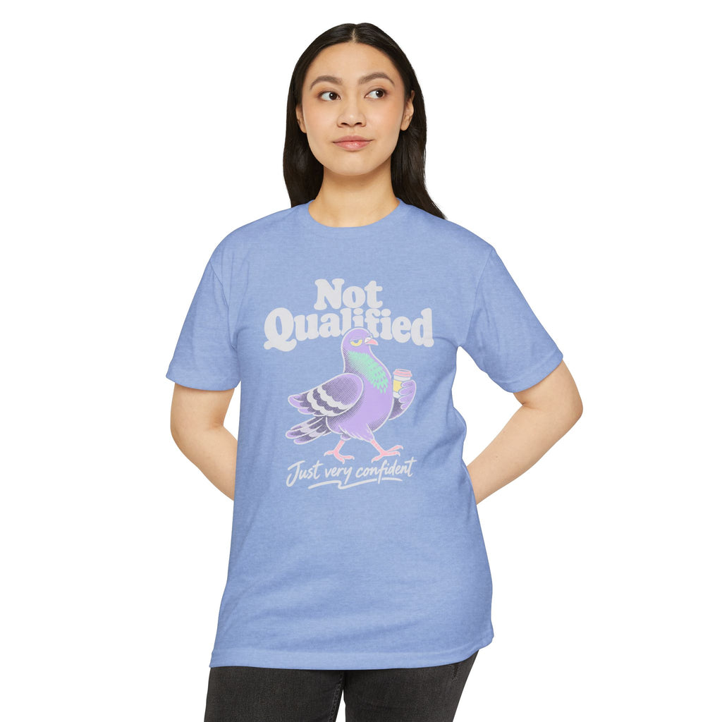 Light blue crewneck T-shirt with "Not Qualified" pigeon graphic on front