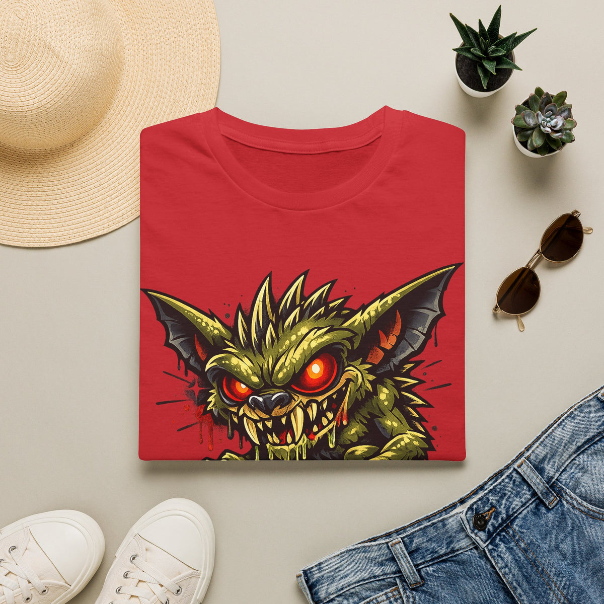 Red crewneck graphic tee with green gremlin monster face, red glowing eyes.