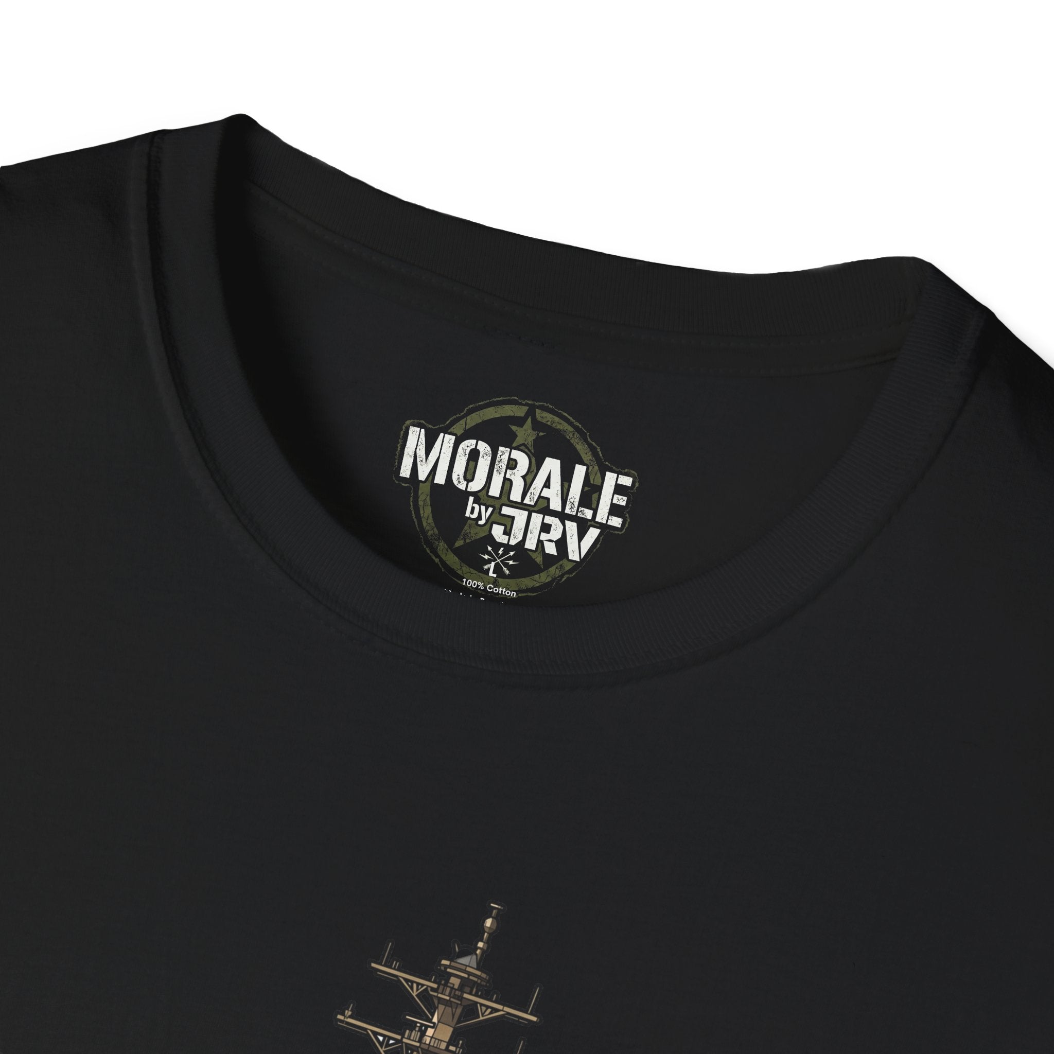 Black T-Shirt neckline with small round logo patch