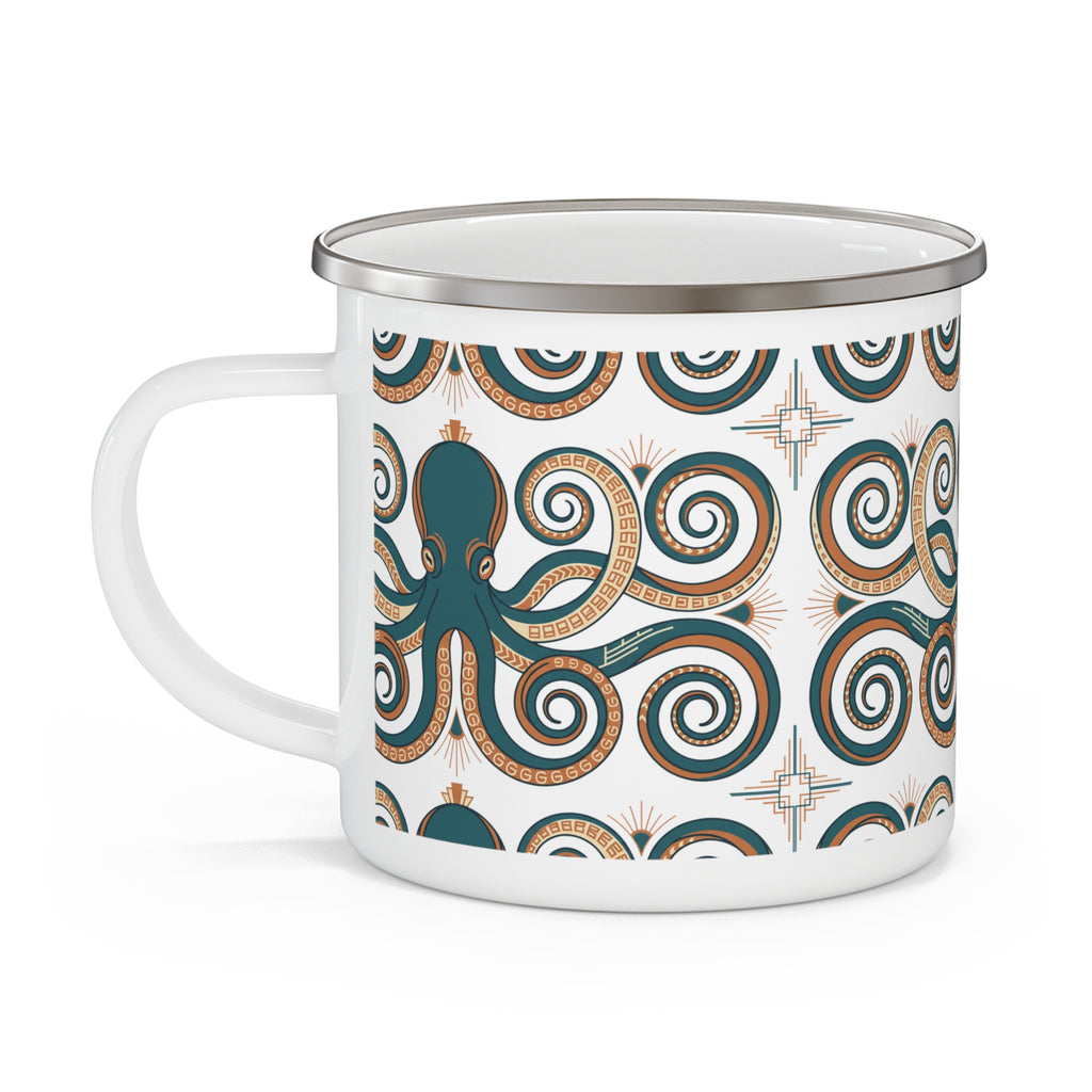 Enamel camping mug with handle, octopus illustration and tribal swirls on white, metal rim