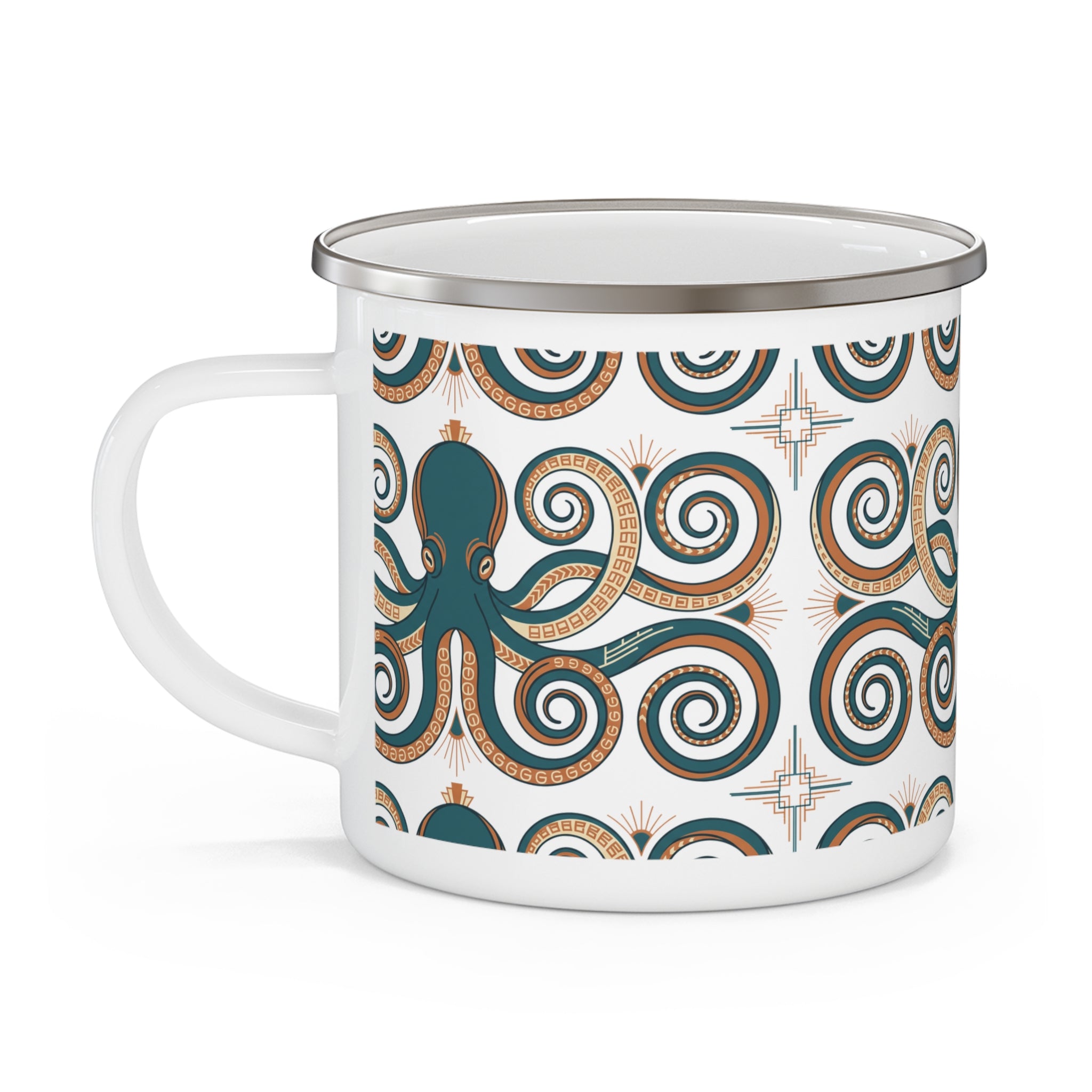 Enamel camping mug with handle, octopus illustration and tribal swirls on white, metal rim