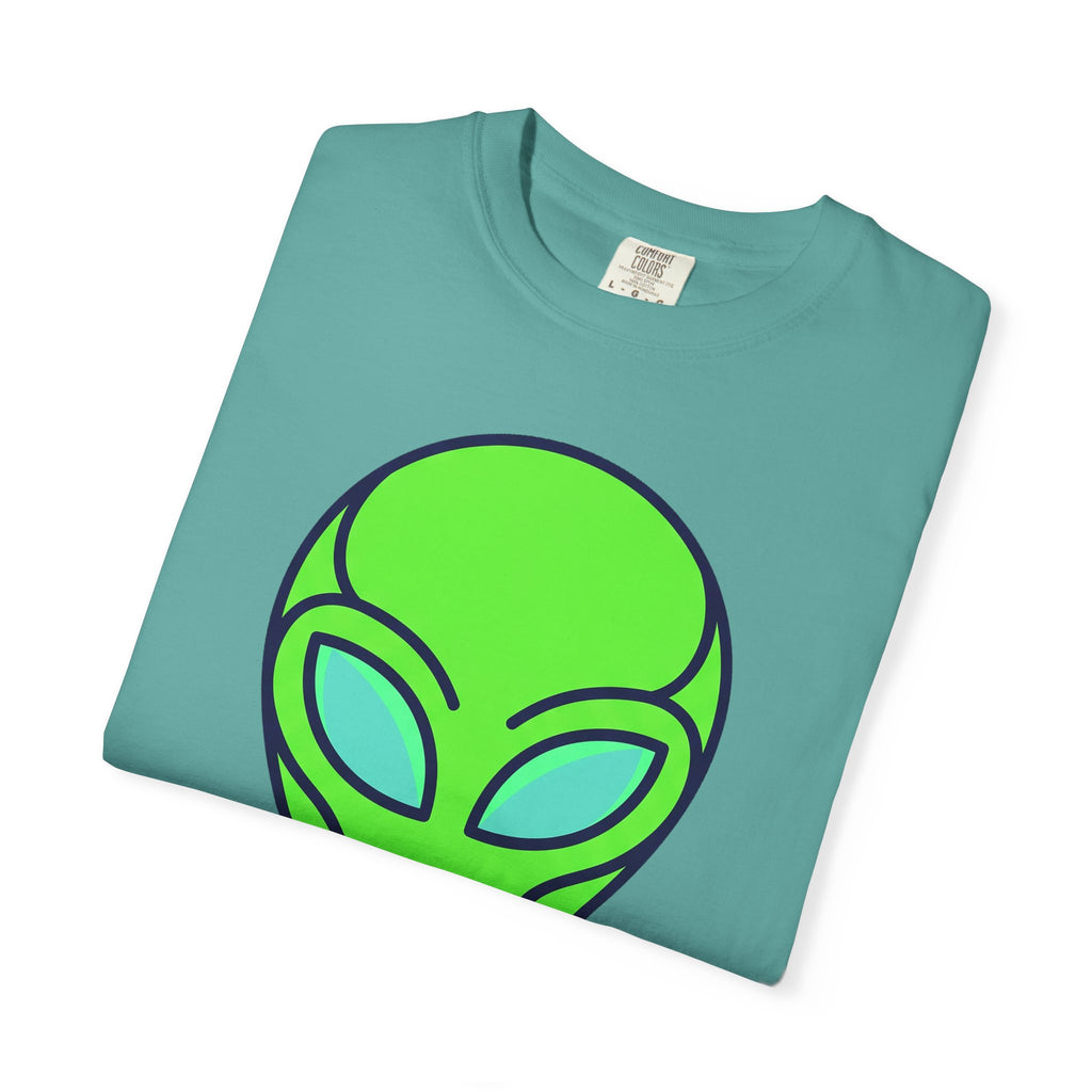 Teal T-shirt with neon alien face graphic