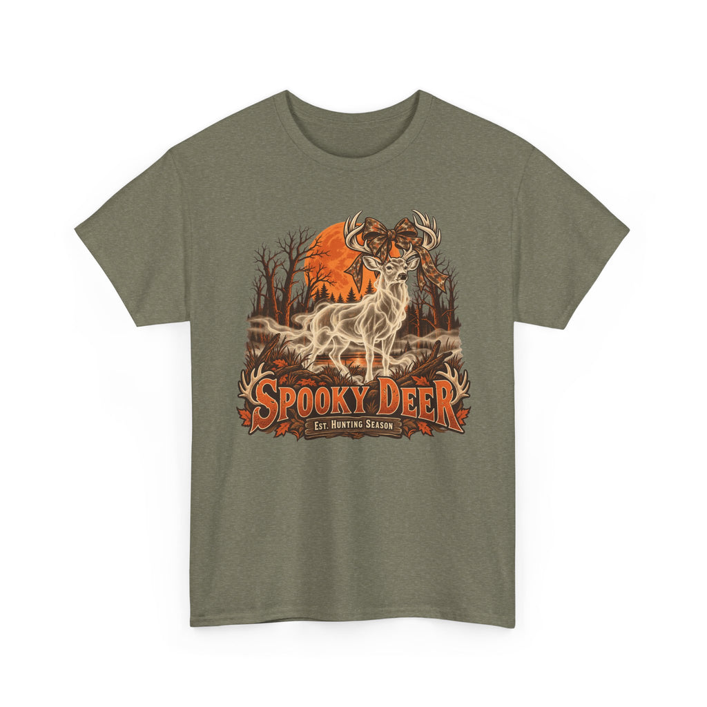 Olive green T-shirt with orange ghost deer hunting graphic on chest