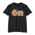 Black t-shirt with orange armadillo graphic and “SOCIAL BATTERY” text