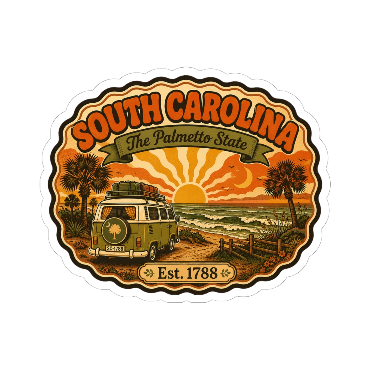 South Carolina round decal sticker showing camper truck, sunrise lines, palm trees, Est. 1788.