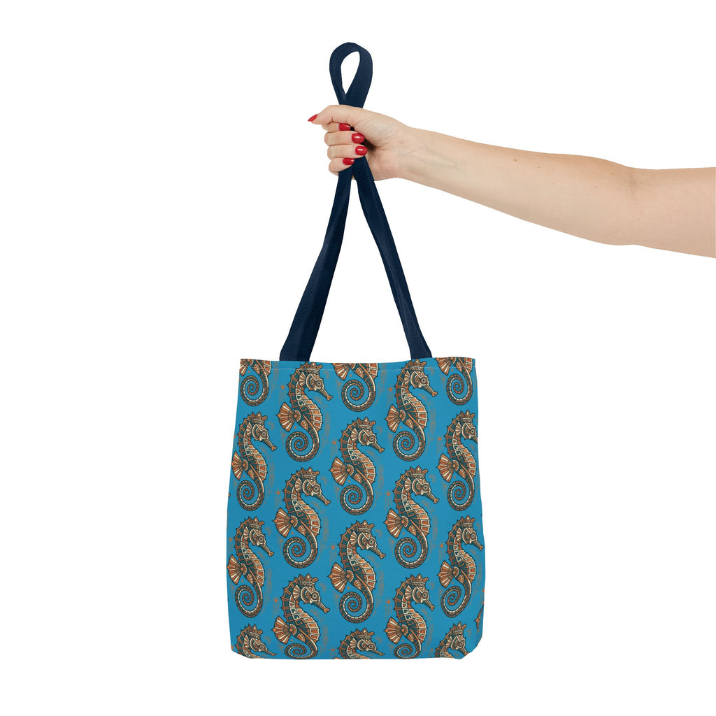 Ocean-blue tote bag with steampunk seahorse print and dark navy top handles