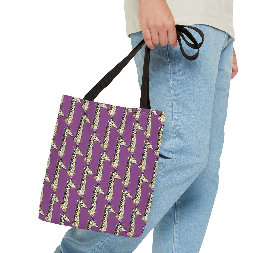 Purple tote bag with saxophone pattern, carried with black strap handles