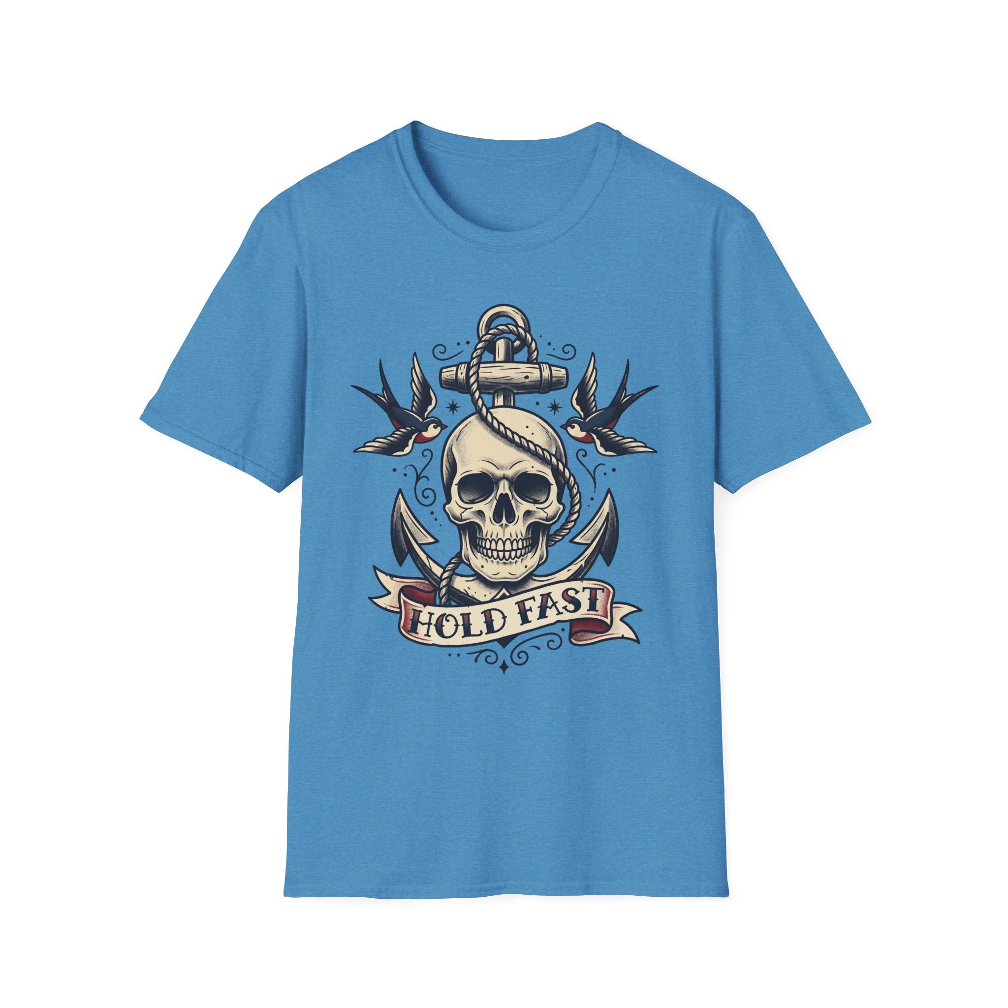 Blue T-shirt with skull anchor tattoo graphic and “HOLD FAST” banner