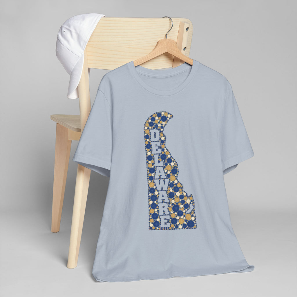 Light blue Delaware state graphic t-shirt with blue and gold letter design