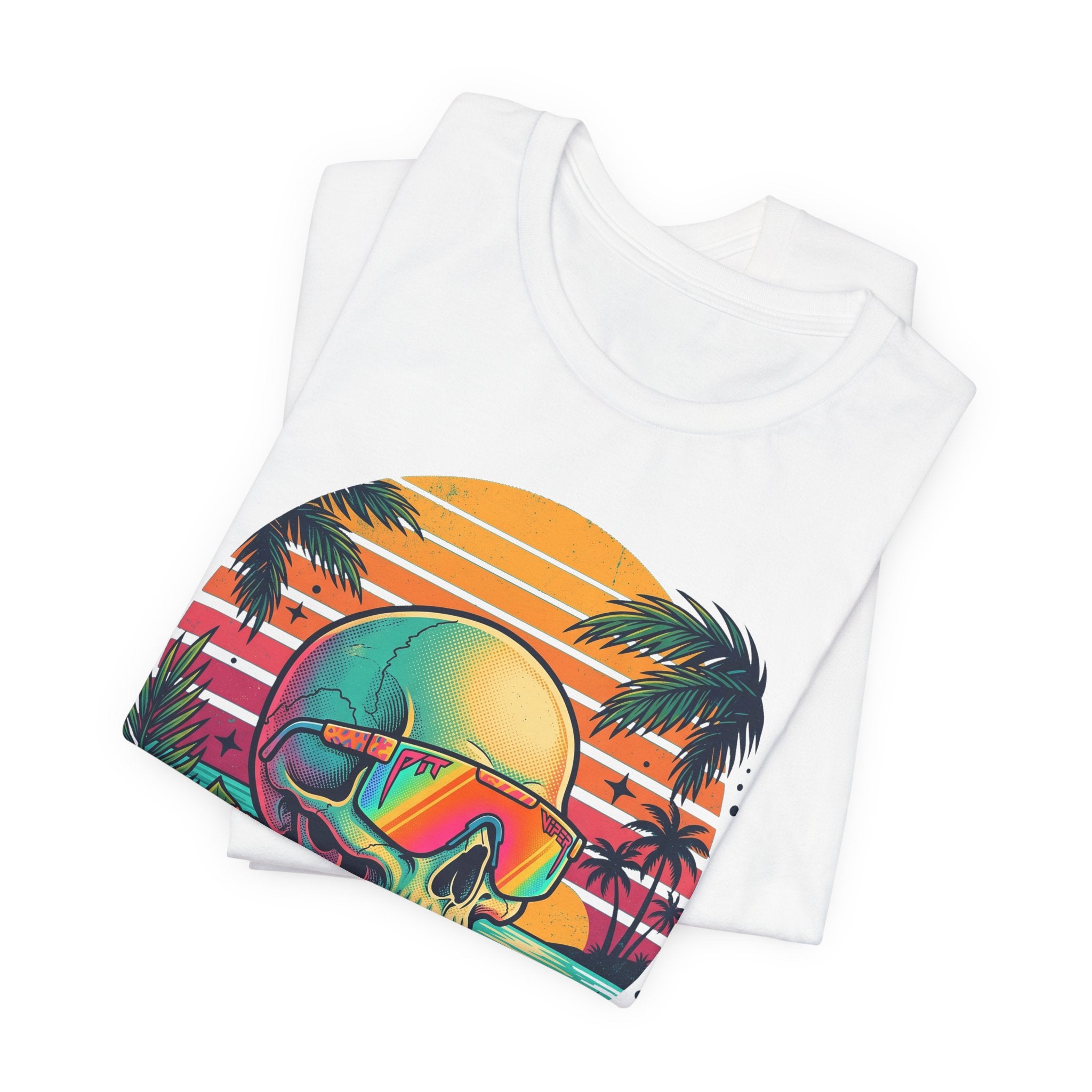 Tropical skull graphic T-shirt in white with neon sunglasses, palm leaves, sunset stripes
