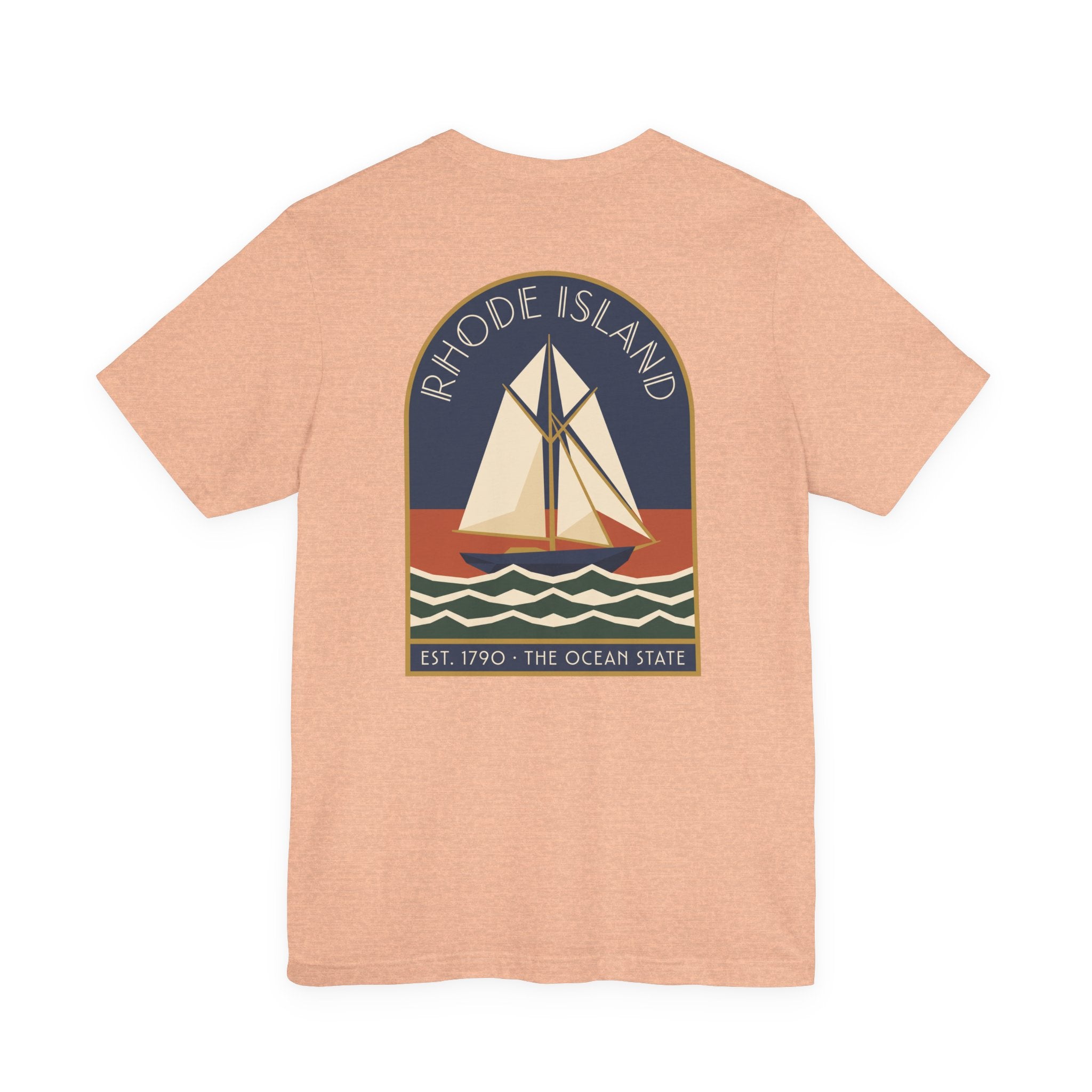 Heather peach T-shirt with large back sailboat graphic in bordered rectangle