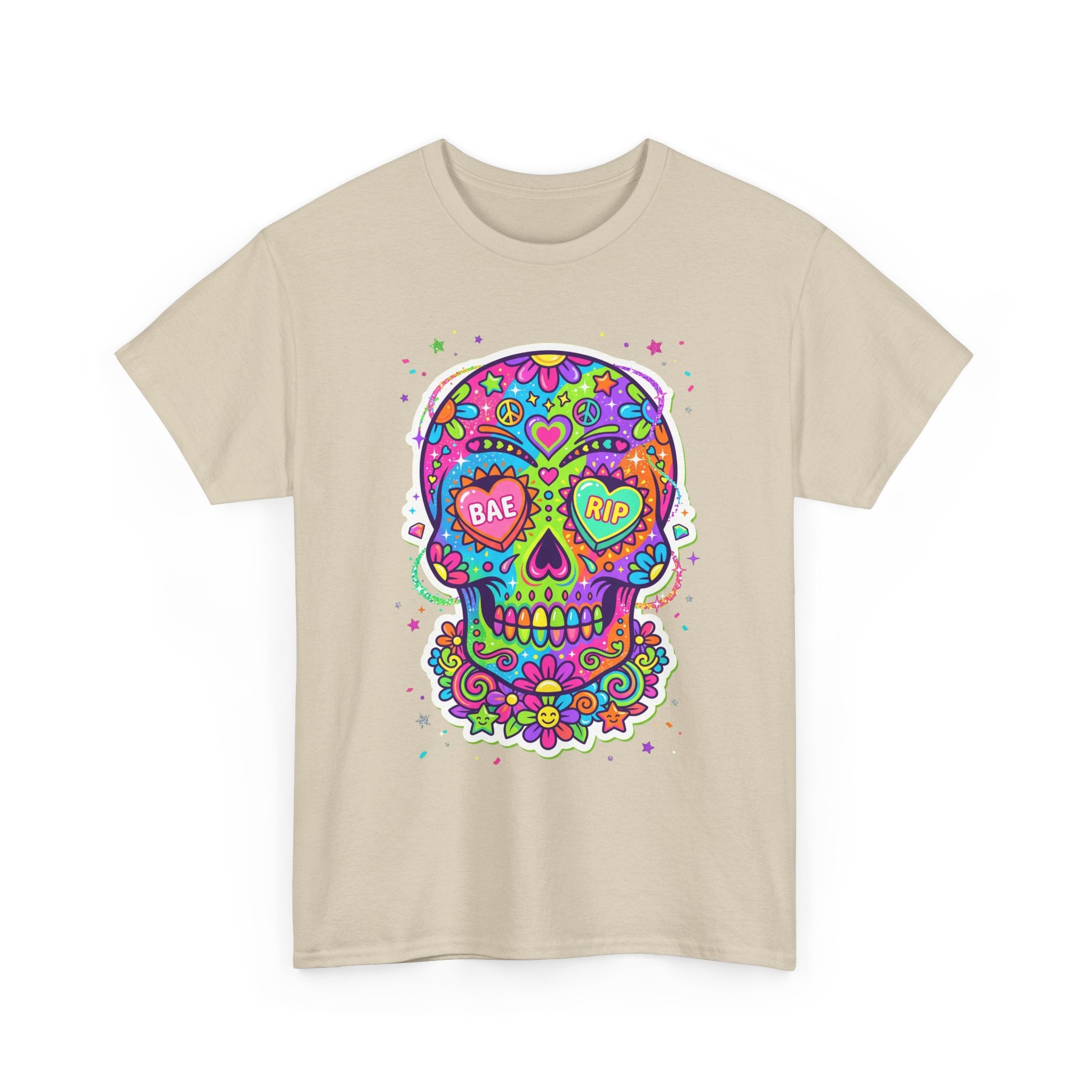 Natural beige T-shirt front with colorful sugar skull graphic
