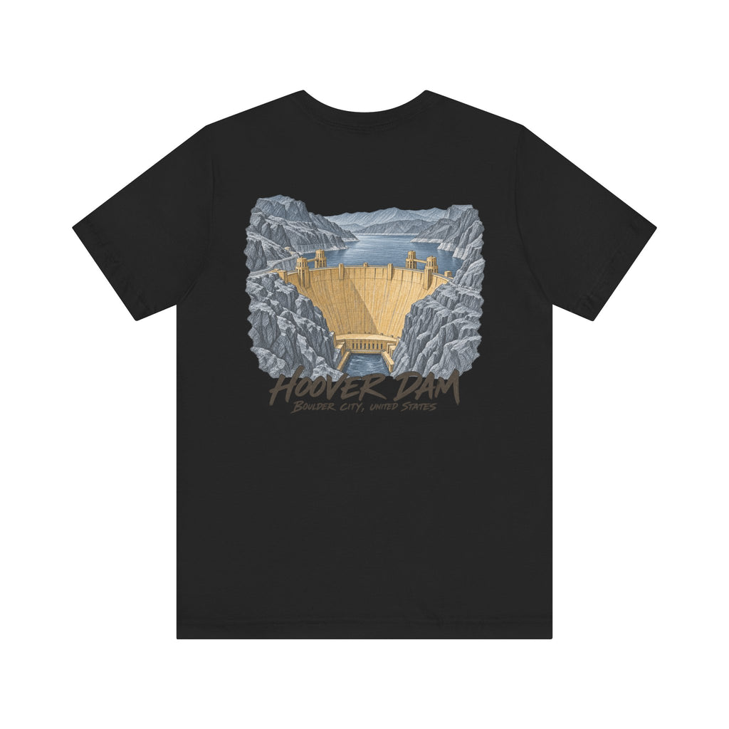Black crew-neck t-shirt with centered Hoover Dam graphic print