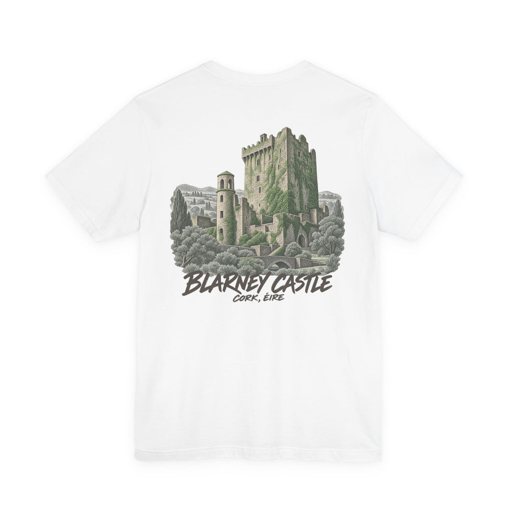 White crewneck t-shirt with large Blarney Castle graphic across chest
