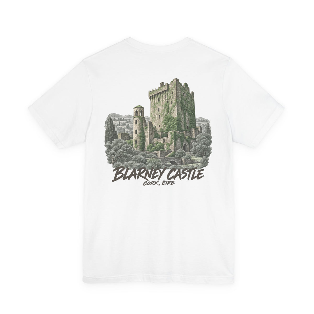 White crewneck t-shirt with large Blarney Castle graphic across chest