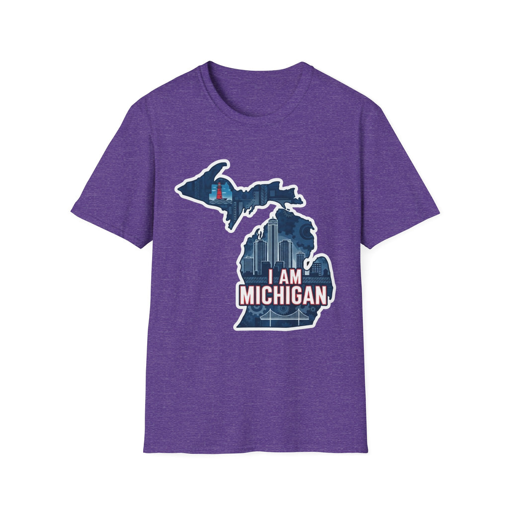 I Am Michigan T-shirt, purple Heather, map graphic with skyline and “I AM MICHIGAN”