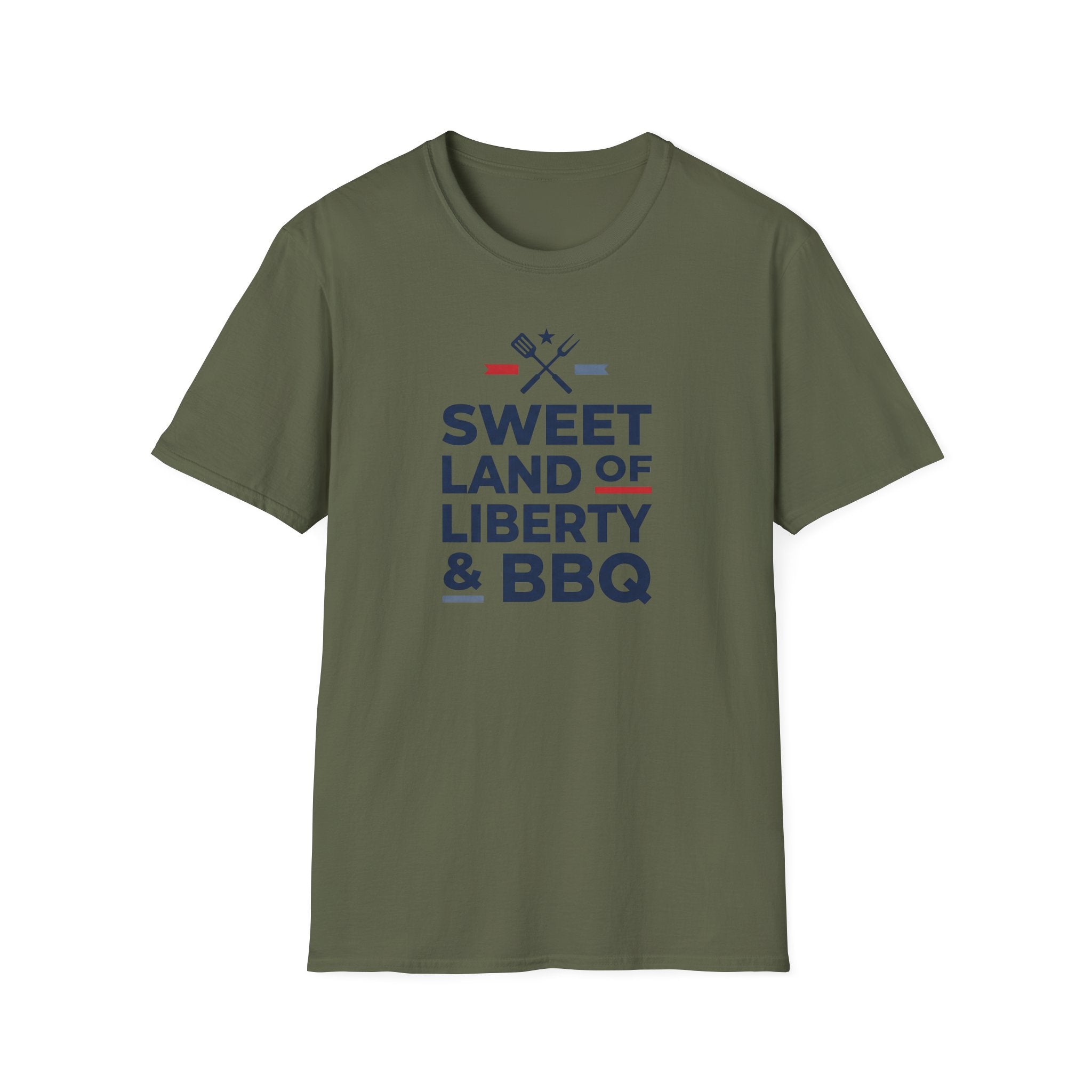 Olive green T-shirt with “Sweet Land of Liberty & BBQ” printed chest design.