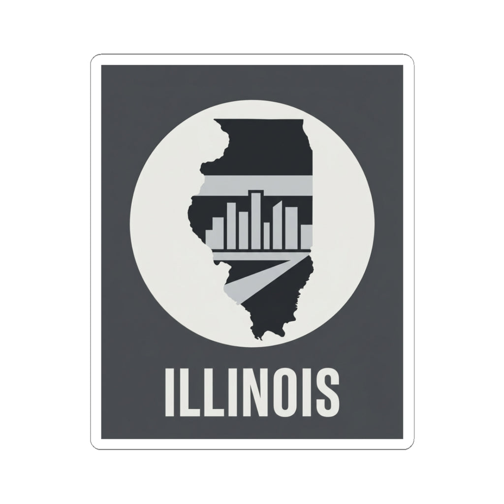 Illinois skyline state silhouette sticker with “ILLINOIS” text on dark square