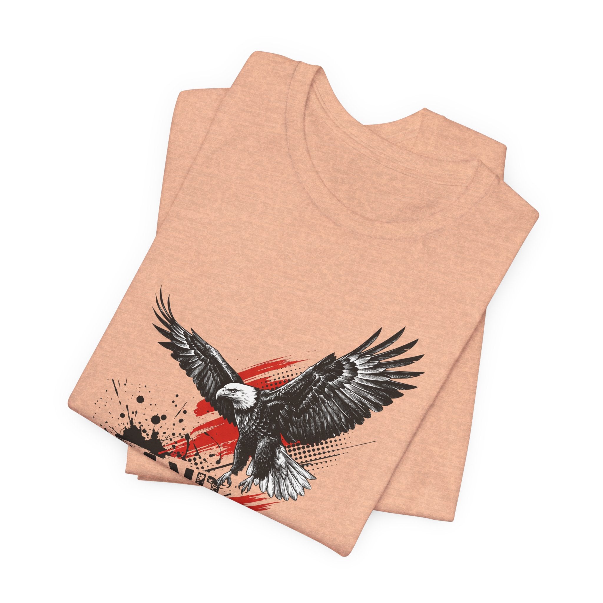 Heather peach crewneck T-shirt with black eagle and red/blue distressed splatter