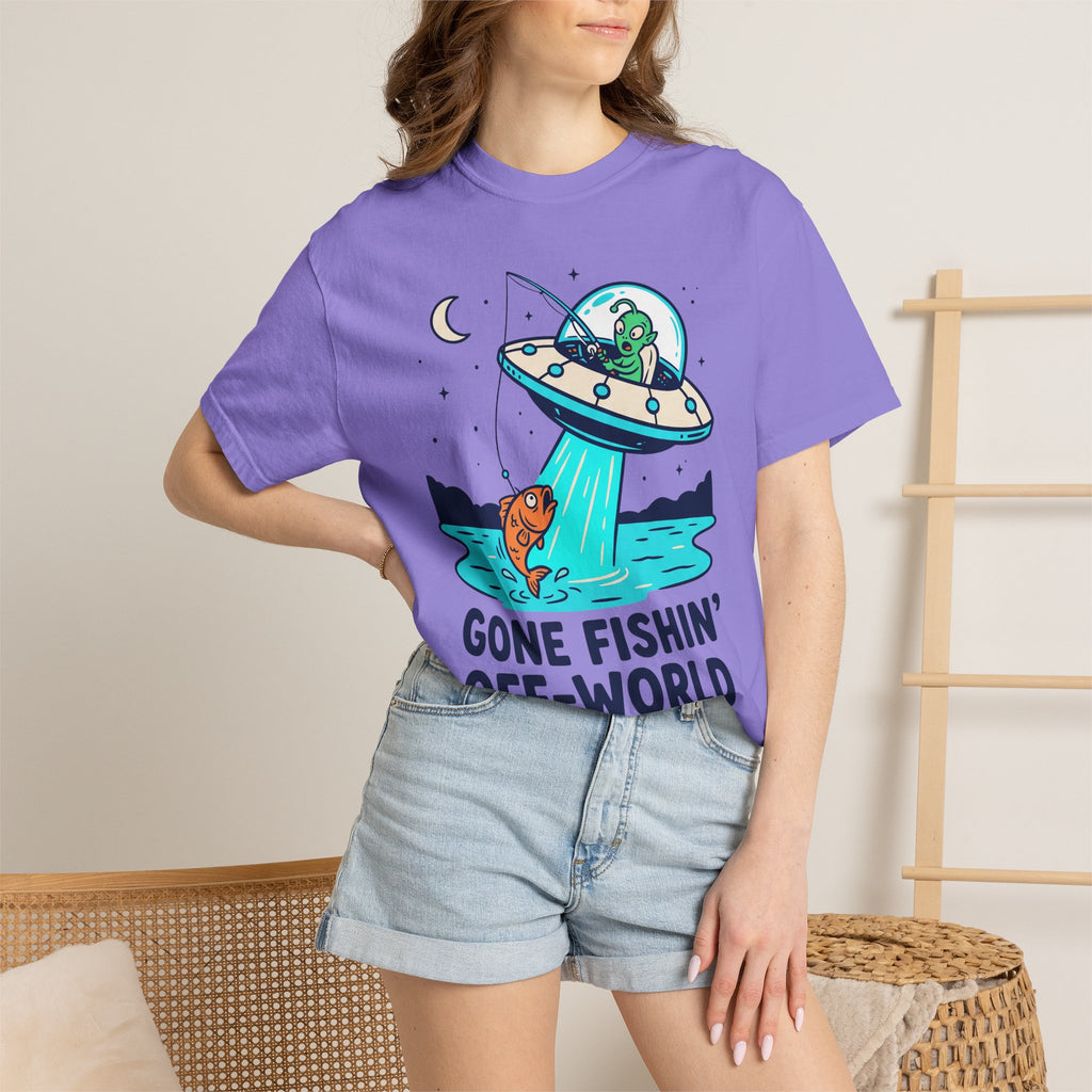 Purple graphic alien fishing t-shirt with UFO and fish illustration