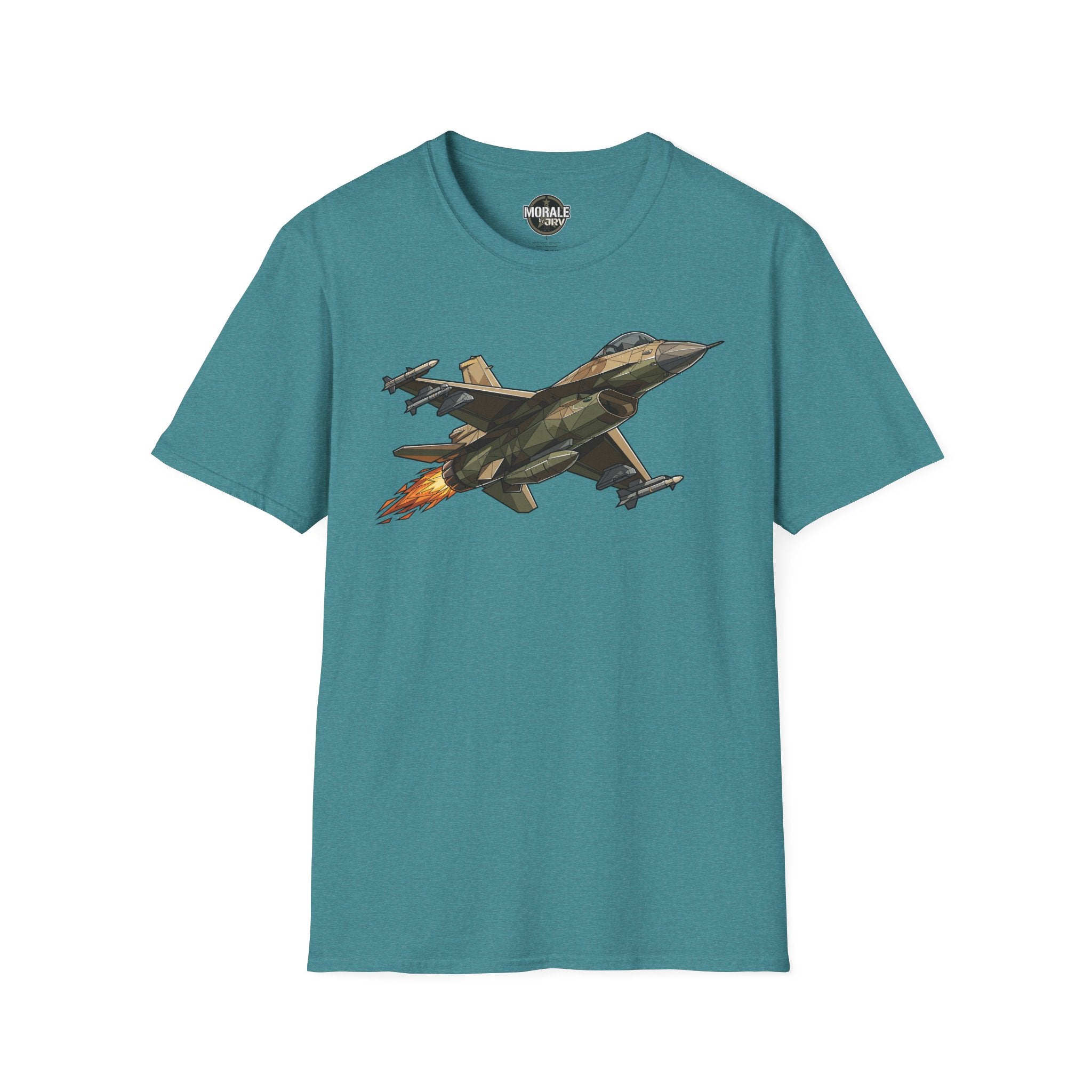 Heather Sapphire fighter jet illustration T-shirt with colorful jet graphic on front