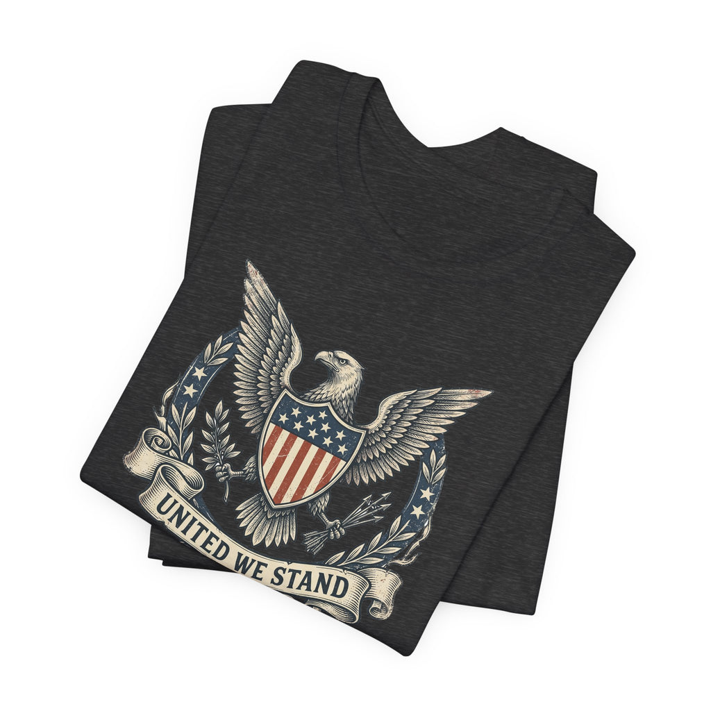 Black crew-neck T-shirt with eagle and shield "United We Stand" graphic