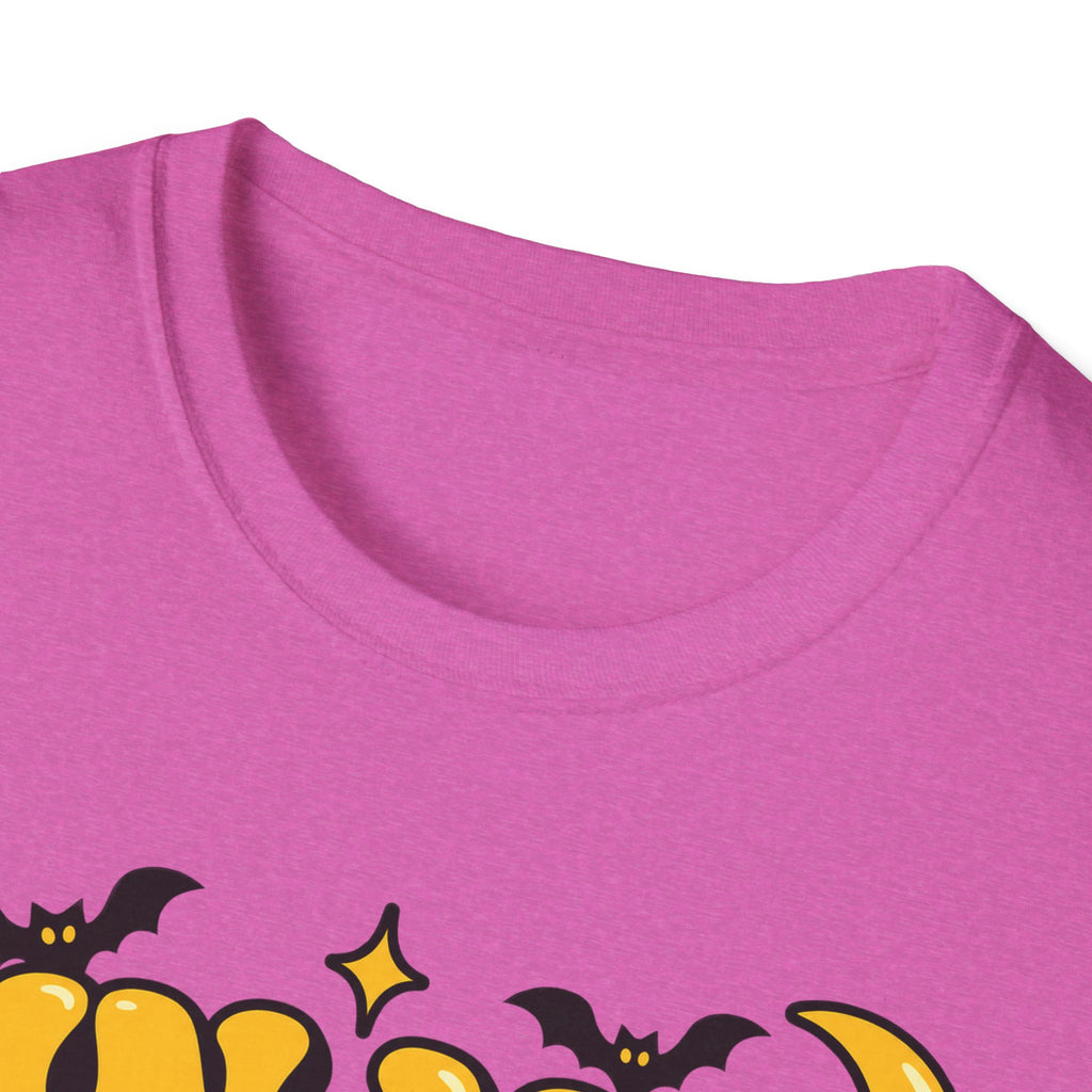Pink T-shirt neckline with partial Halloween bat graphics and colorful lettering