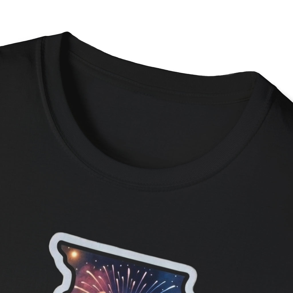 Black T-shirt collar close-up with partial state fireworks city graphic