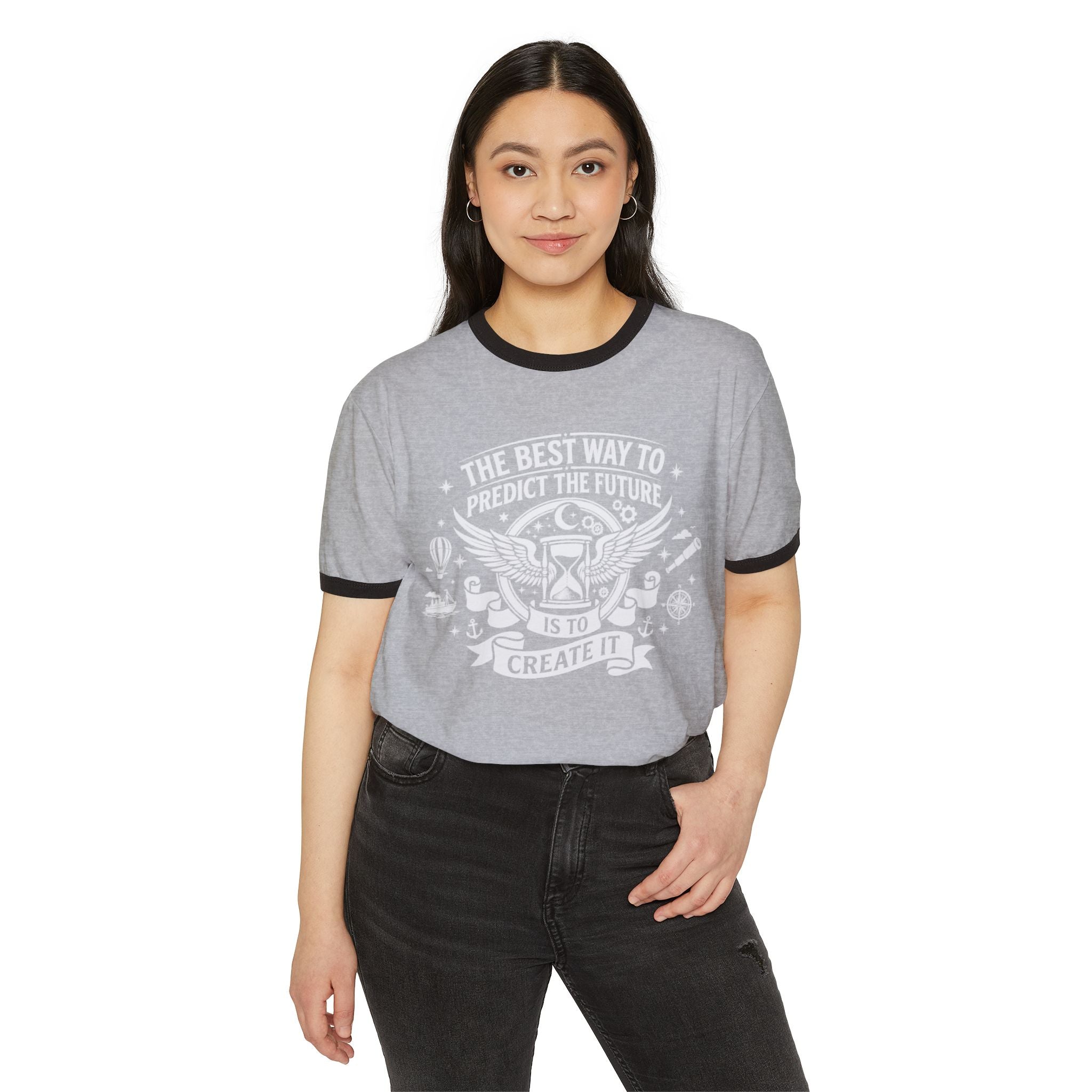 Model wearing heather grey ringer T-shirt with 'Predict the future, create it' print