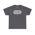 Charcoal crew-neck T-shirt with “Certified Tactical Nap Specialist” text graphic and star