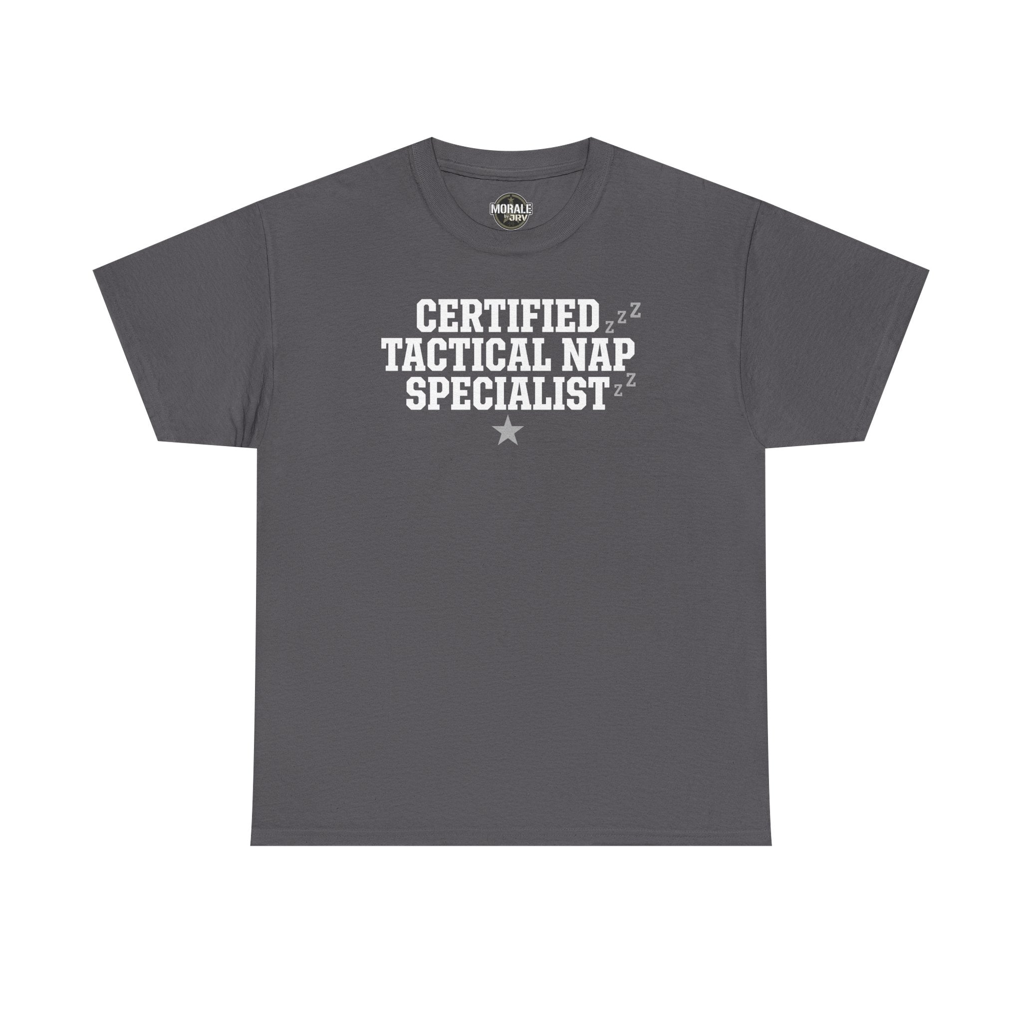 Charcoal crew-neck T-shirt with “Certified Tactical Nap Specialist” text graphic and star