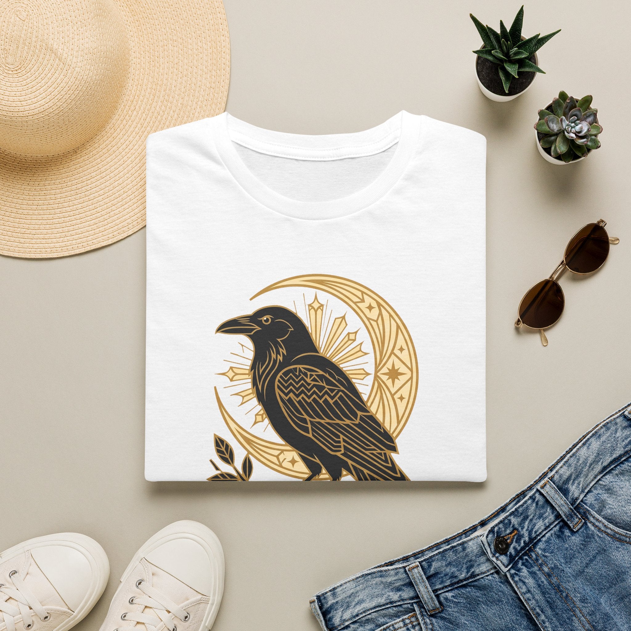 White raven graphic T-shirt with gold crescent moon and Nevermore emblem
