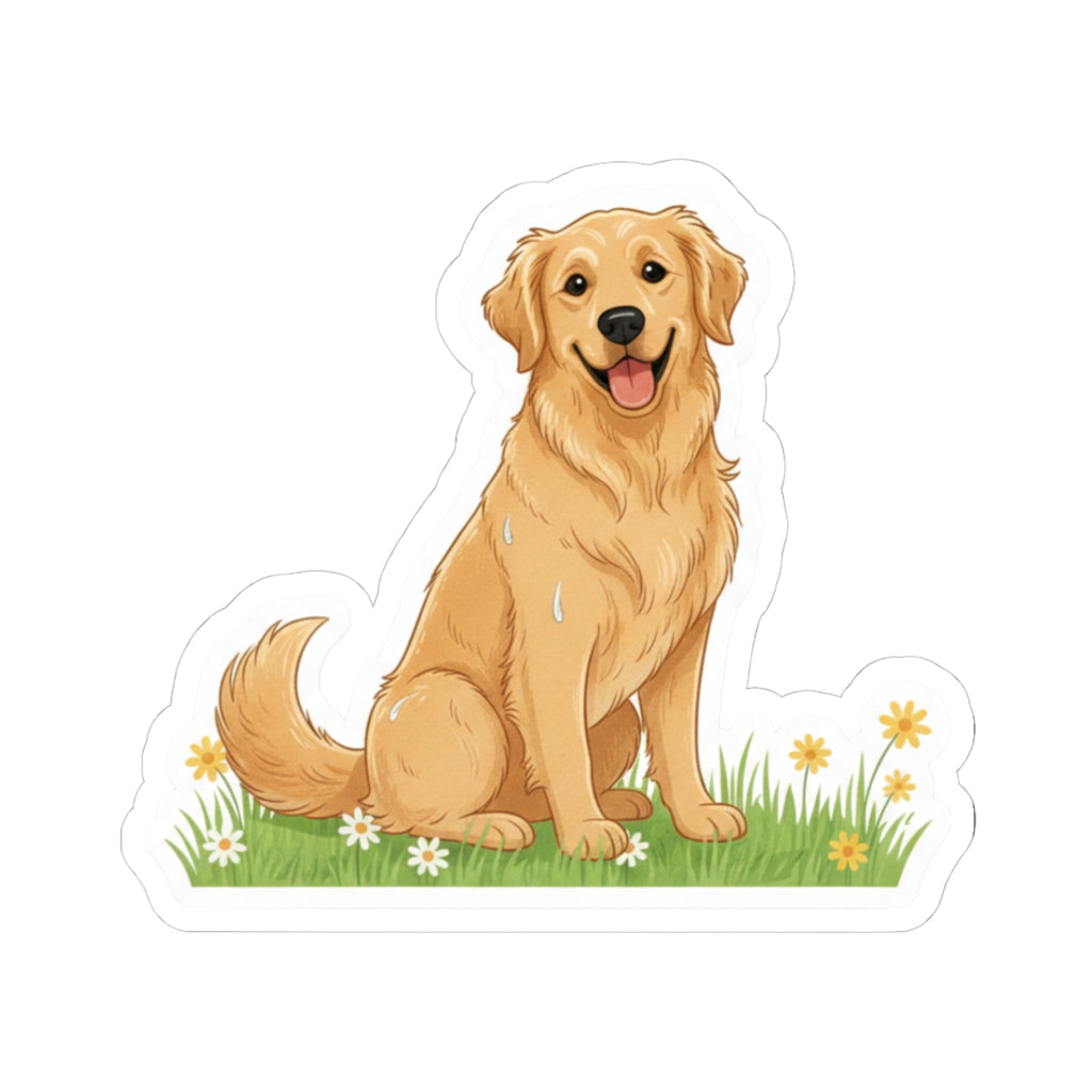 Golden Retriever sitting sticker with daisies and green grass, white die-cut border