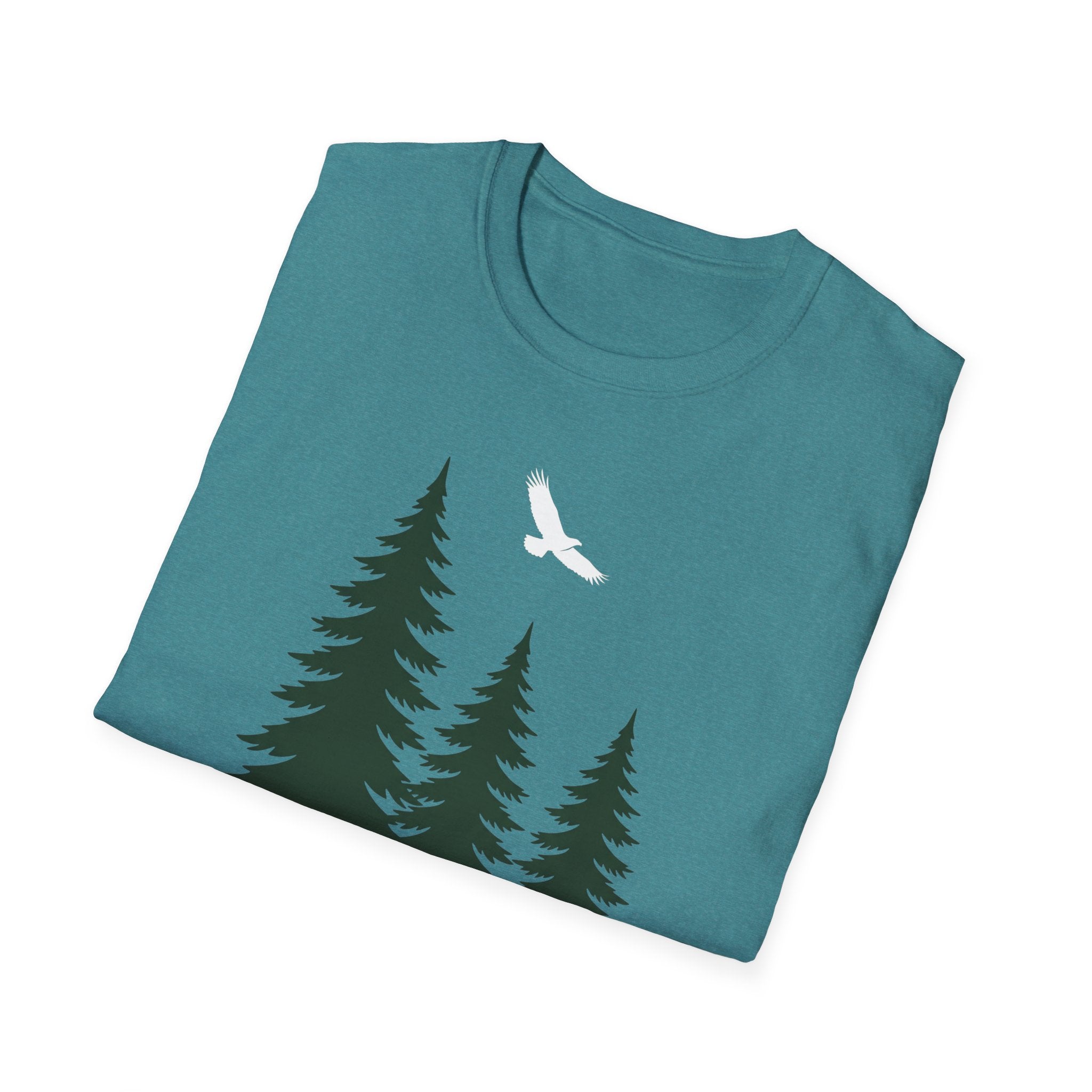Teal T-shirt with pine trees and a white soaring bird graphic on the front