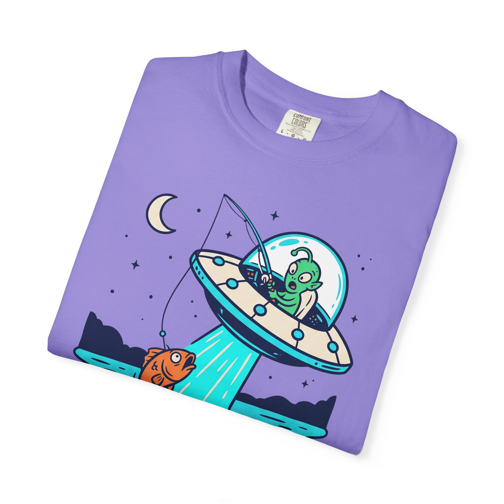 Purple t-shirt with alien fishing saucer graphic and moon stars
