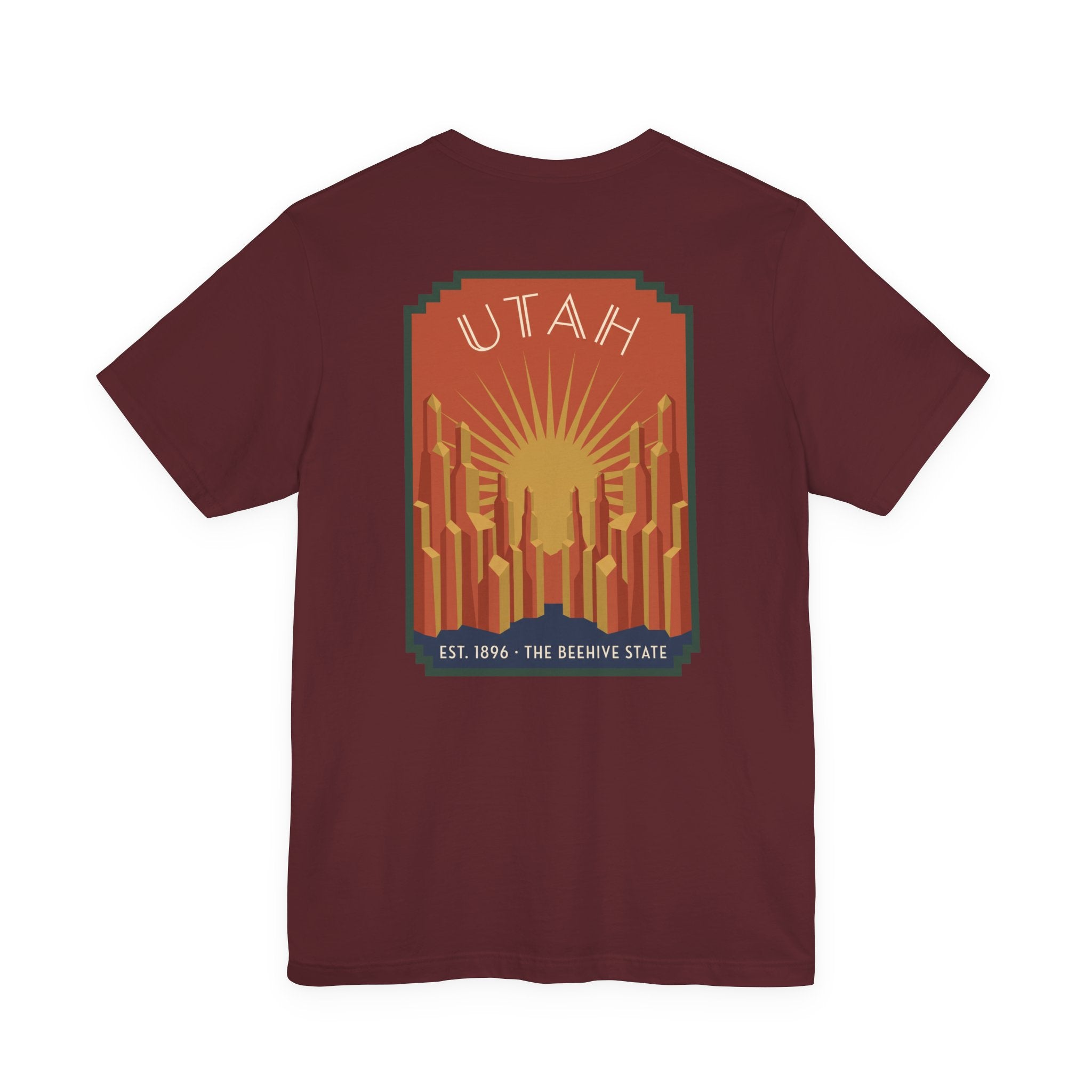 Maroon T-shirt with Utah sunrise art deco square graphic, UTAH text and skyline