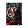 Tiger wall art print with intense face, red splatter accents and black teal background