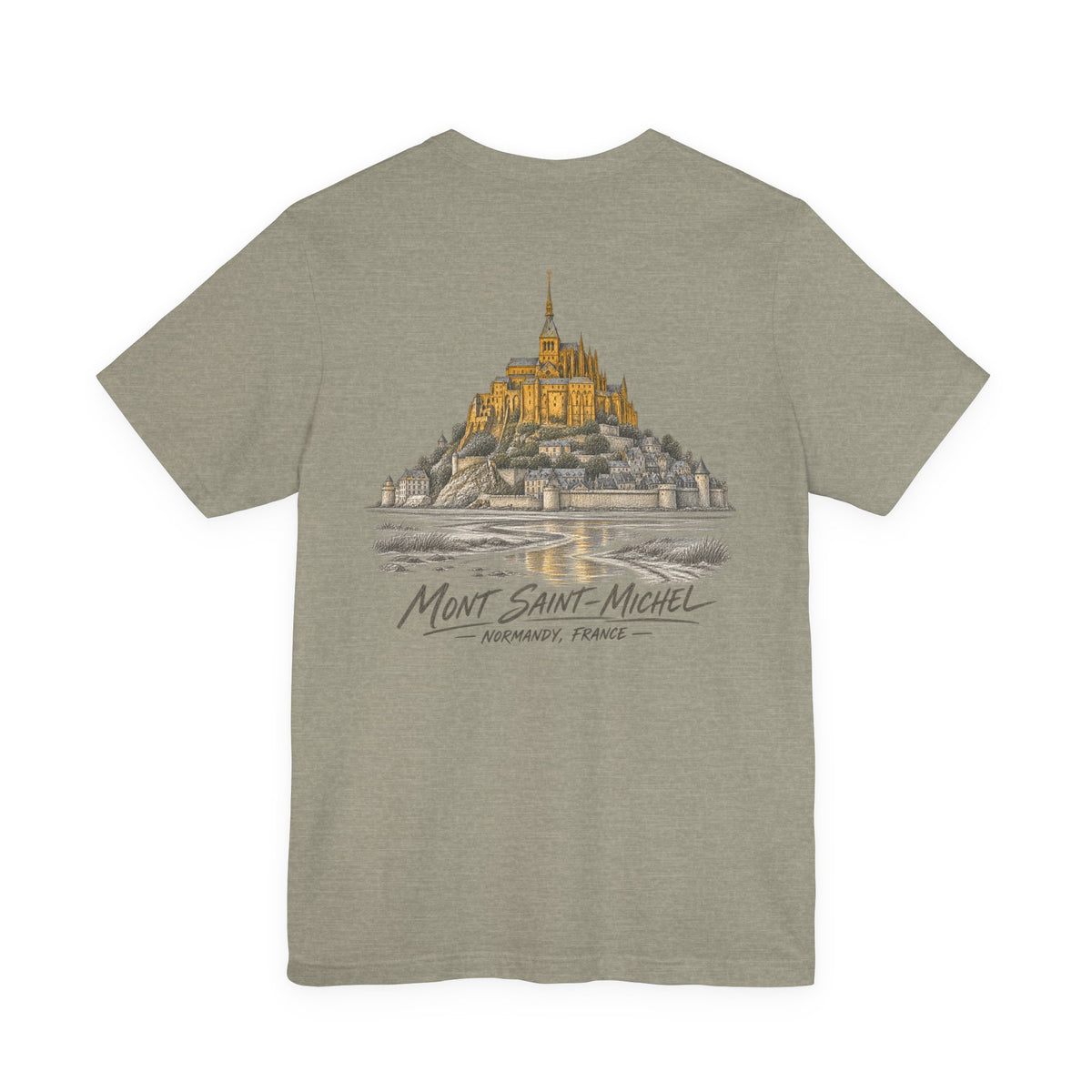 Dark gray heather crew neck T-shirt with Mont Saint-Michel graphic on center chest
