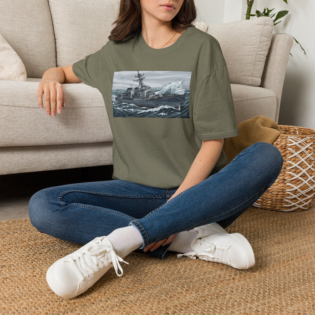 Heather military green crew-neck T-shirt with stormy sea warship graphic print
