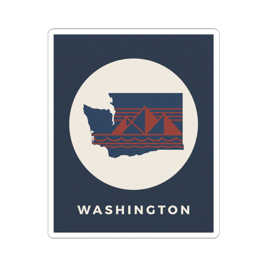 Washington graphic sticker, navy square with cream circle, state map, bridge, and WASHINGTON