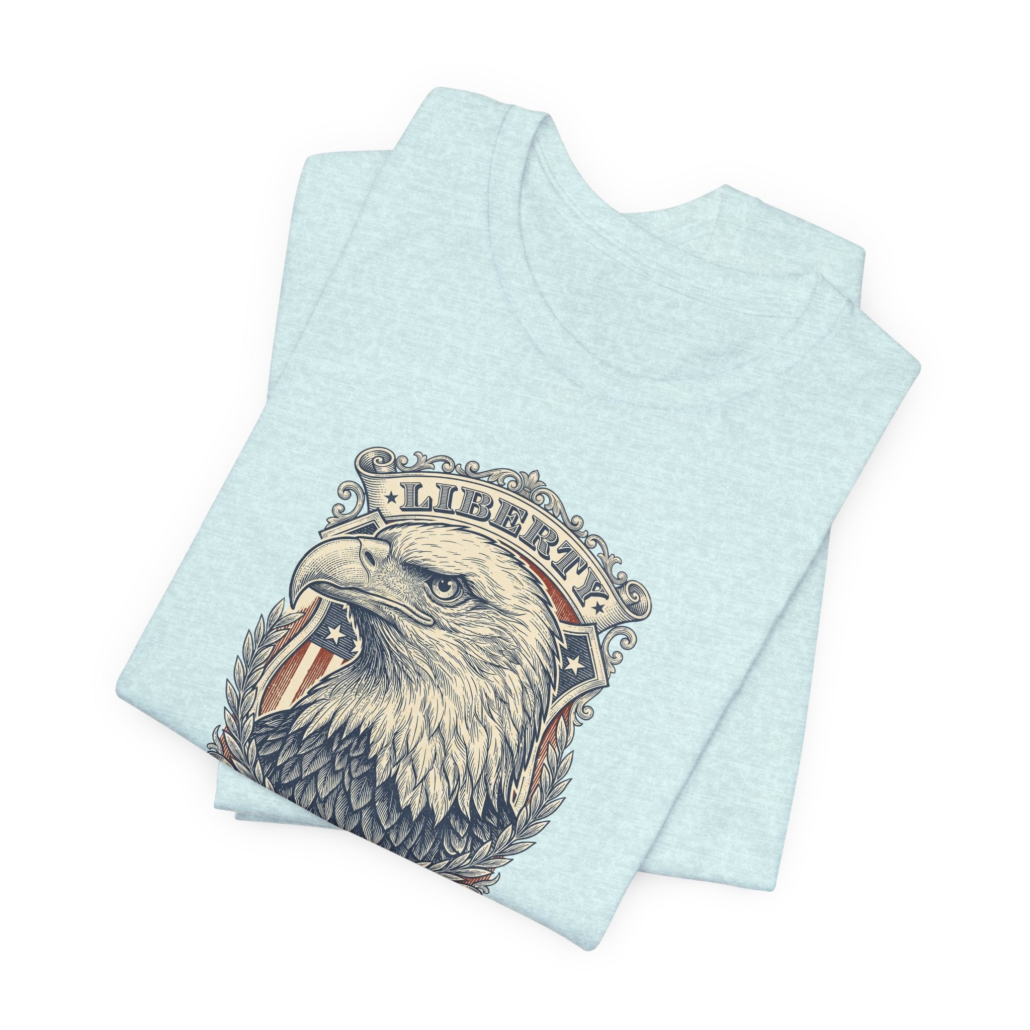 Light blue crewneck tee with bald eagle head graphic print