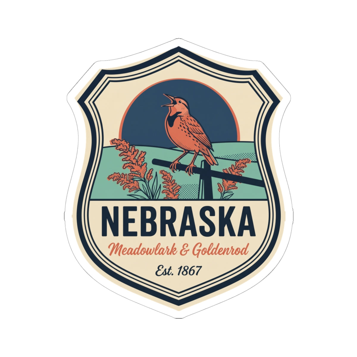 Nebraska state sticker showing meadowlark and goldenrod artwork with Est. 1867