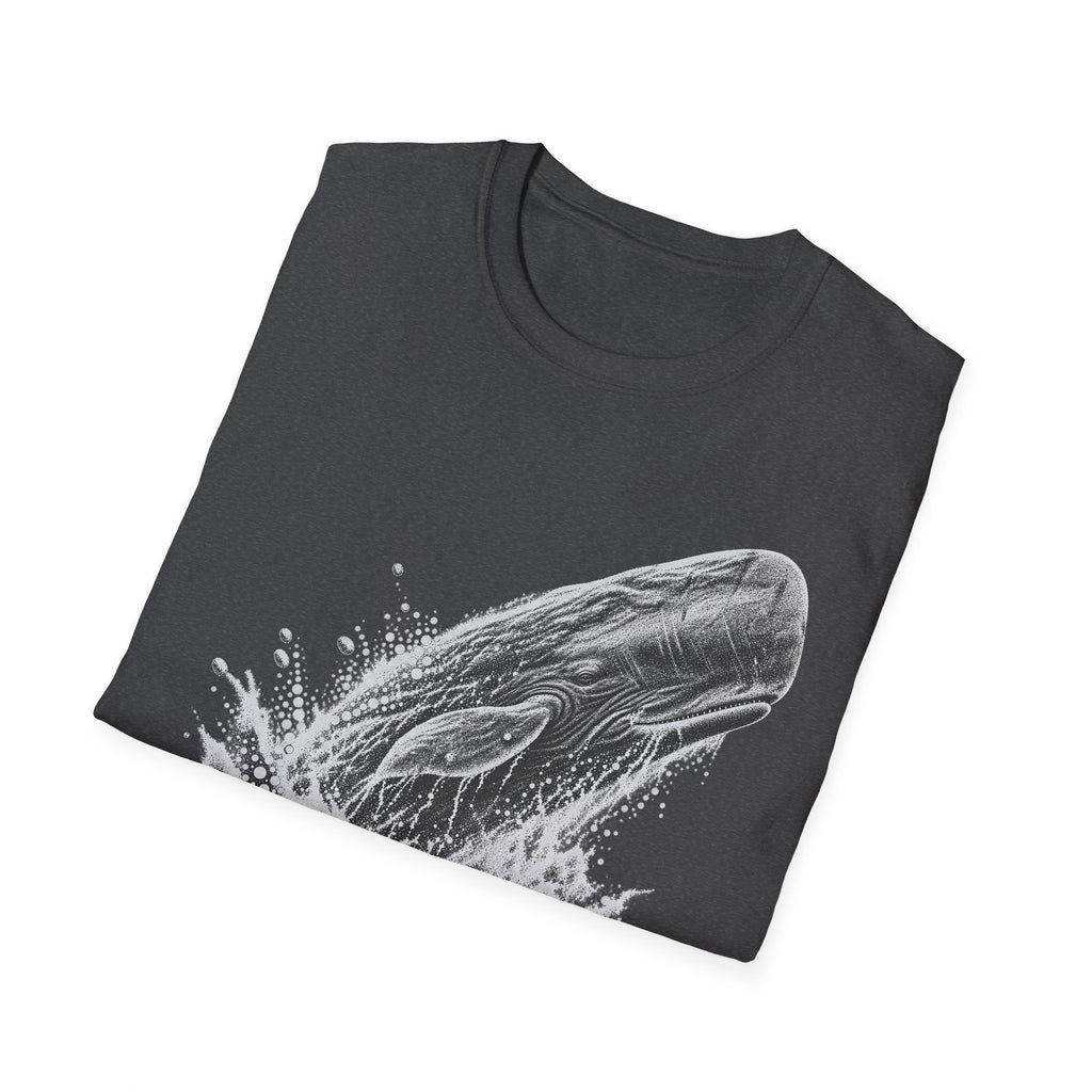 Dark gray crew-neck T-shirt with white breaching whale graphic