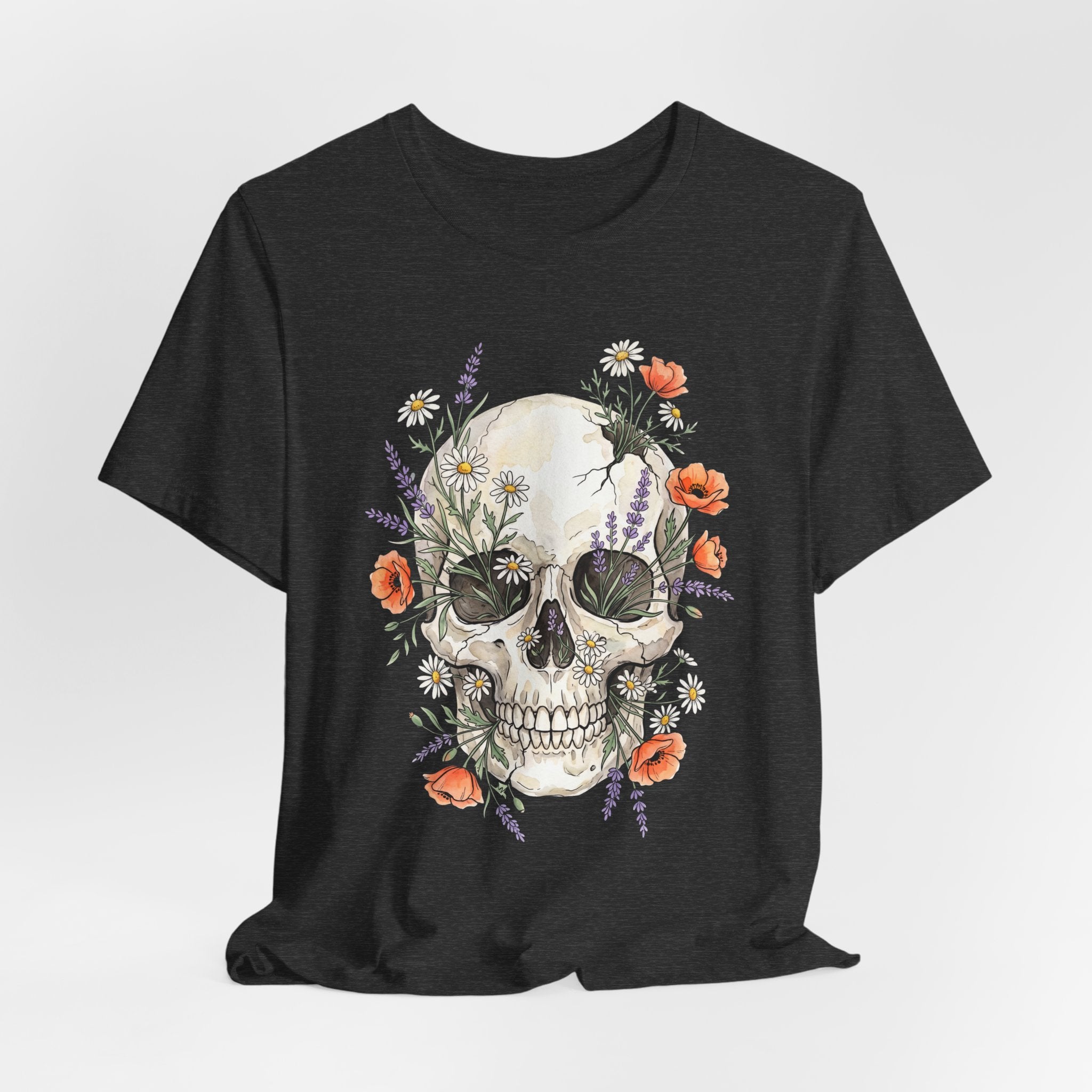 Floral skull T-shirt in dark heather charcoal, front skull with poppies and wildflowers