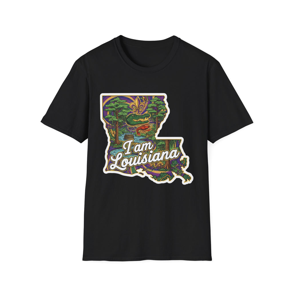 Camiseta negra con mapa de Luisiana multicolor y texto “I am Louisiana”