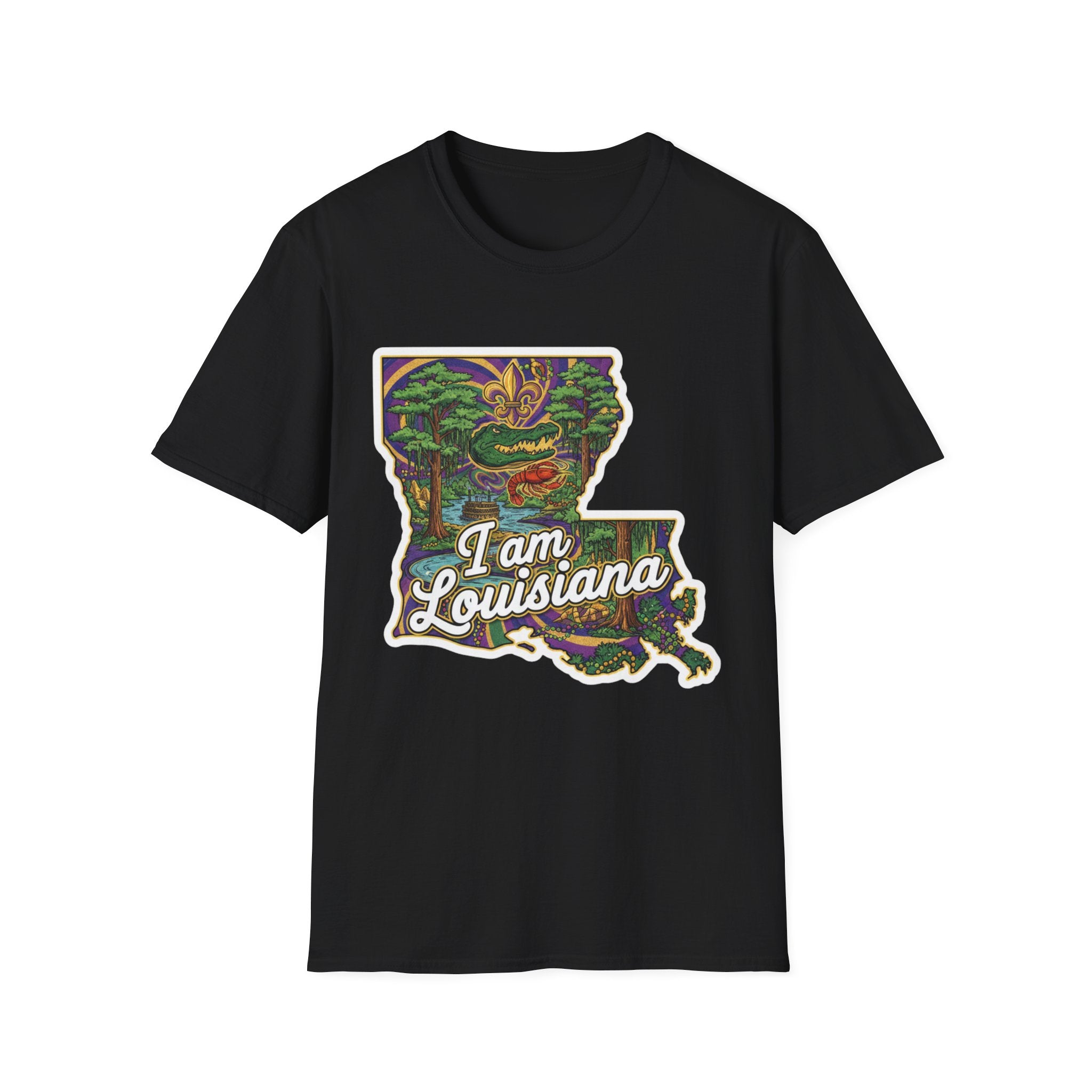 Camiseta negra con mapa de Luisiana multicolor y texto “I am Louisiana”