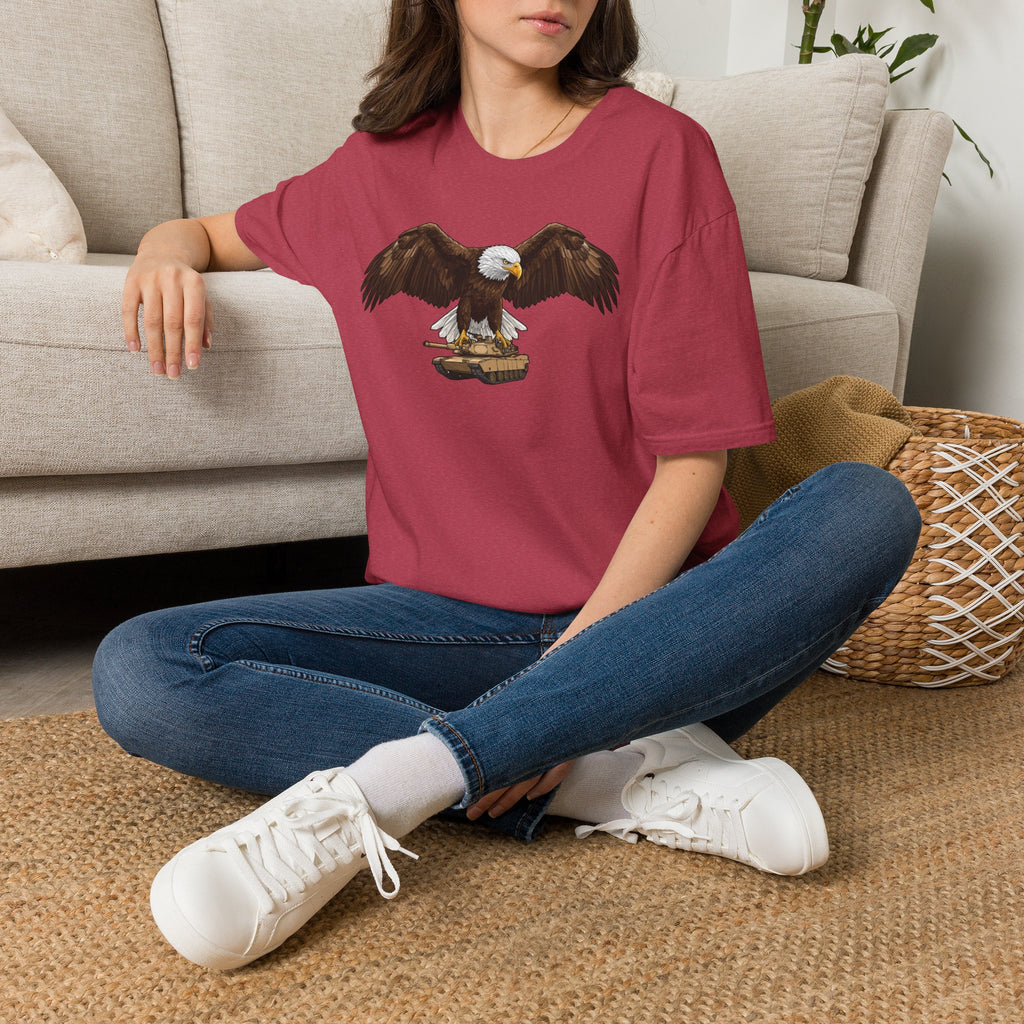 Burgundy crew-neck T-shirt with bald eagle graphic on the front