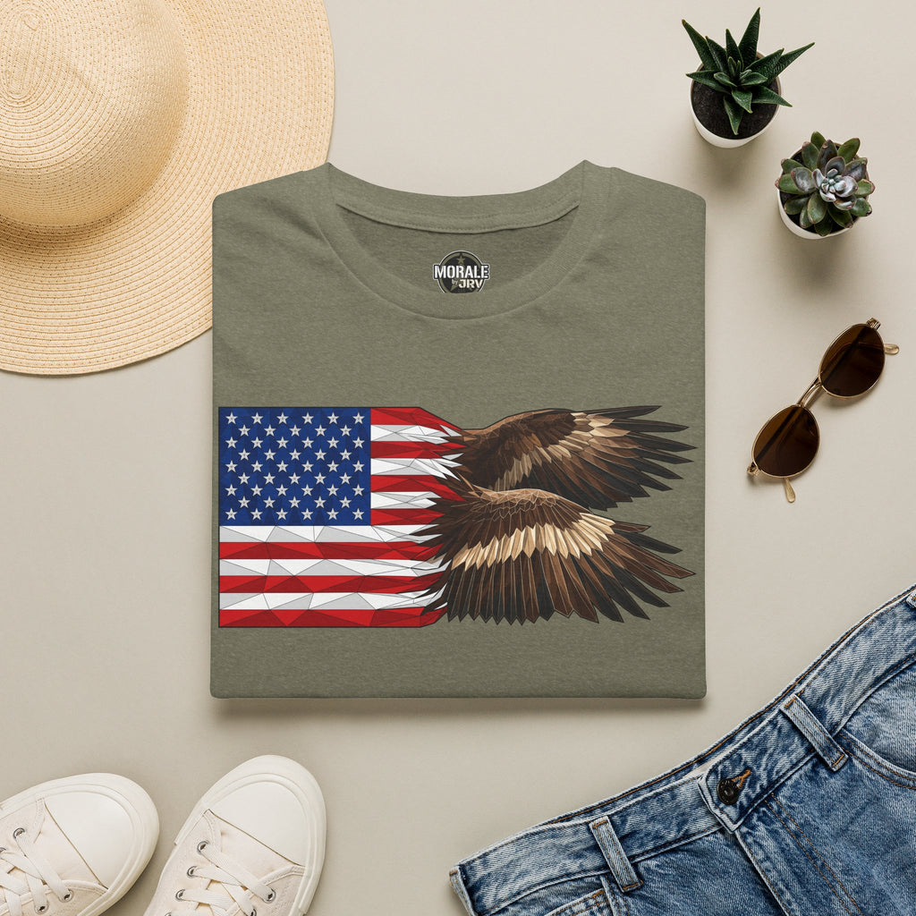 Green T-shirt with American flag and flying bald eagle graphic on front.